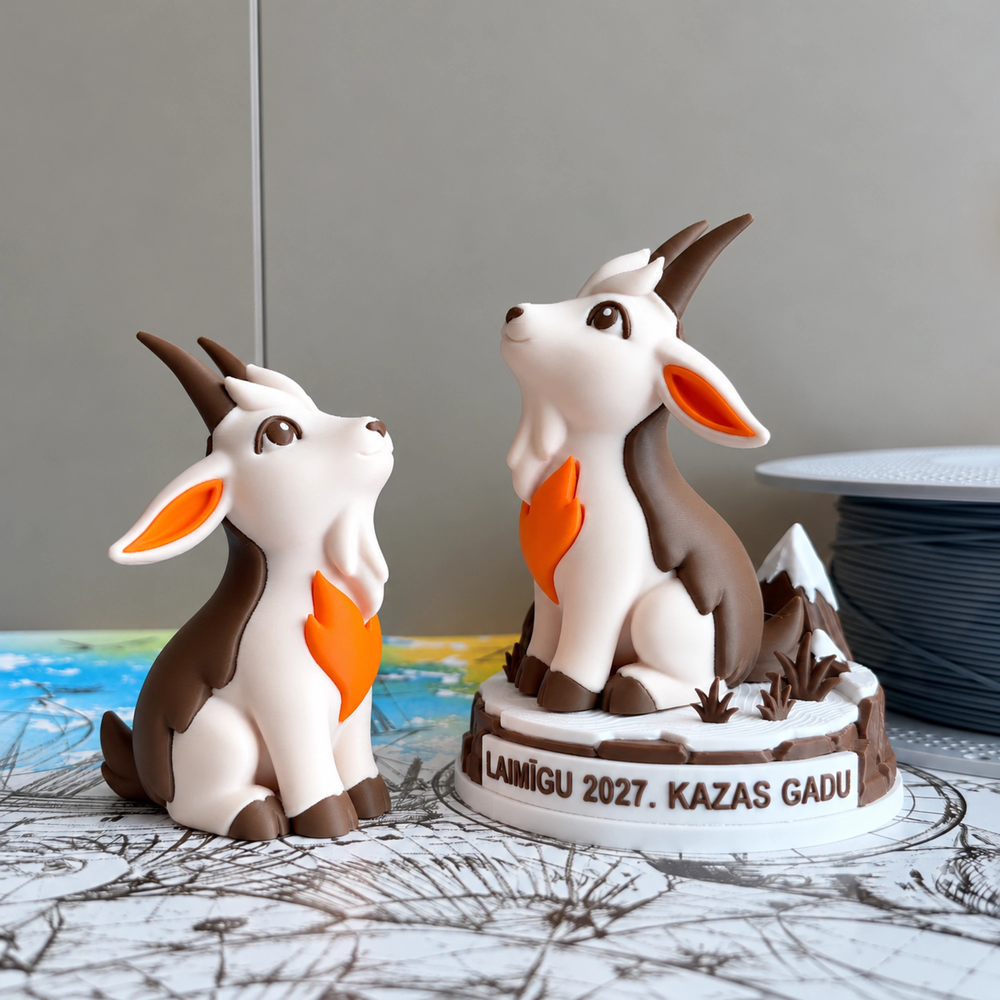 Set of two goat figurines: one without a base and one on a festive base with the Latvian inscription LAIMĪGU 2027. KAZAS GADU.